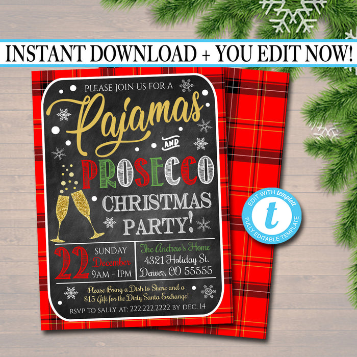 Christmas Party Invitation, Pajamas and Prosecco Xmas Party, Christmas Party Invite, Holiday Brunch Plaid Invite, INSTANT DOWNLOAD Template