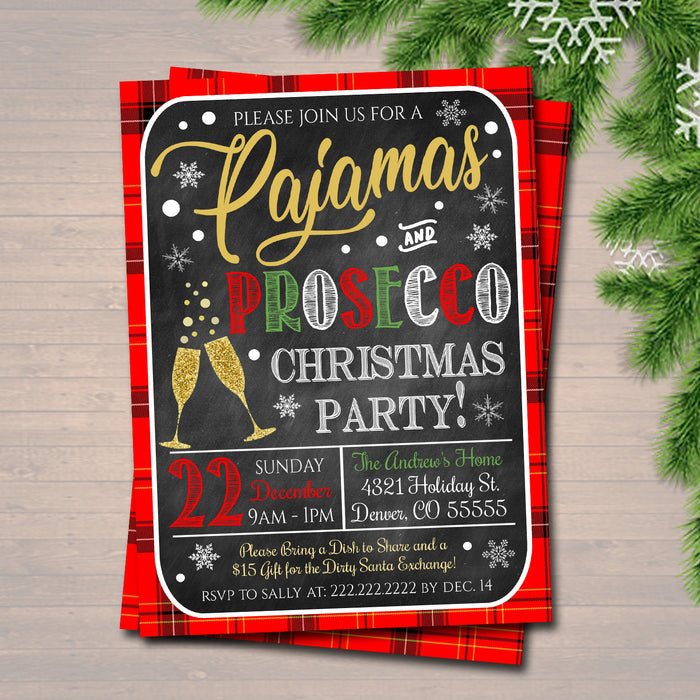Christmas Party Invitation, Pajamas and Prosecco Xmas Party, Christmas Party Invite, Holiday Brunch Plaid Invite, INSTANT DOWNLOAD Template