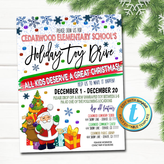 Holiday Toy Drive Flyer, Christmas School Church Pto Pta, Holiday Nonprofit Charity Kids, Editable Template, Xmas Shopping, DIY Self-Editing