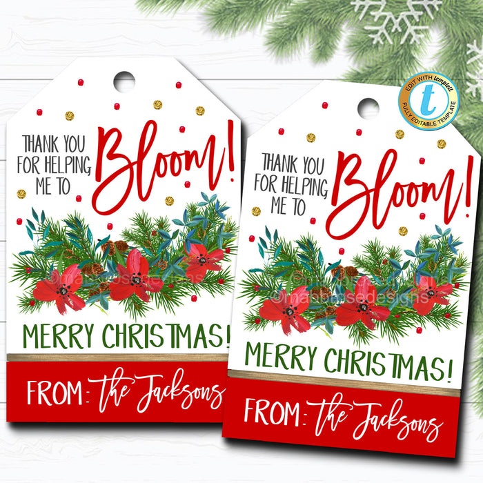 Christmas Floral Gift Tags, Holiday Thank You for Helping Me Bloom Poinsettia Gift Tag, Coach Teacher Staff  Label, DIY  Template