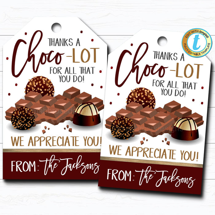 Chocolate Candy Gift Tags, Thanks a Choco-Lot, Staff Employee Teacher Appreciation Week Favor Tag