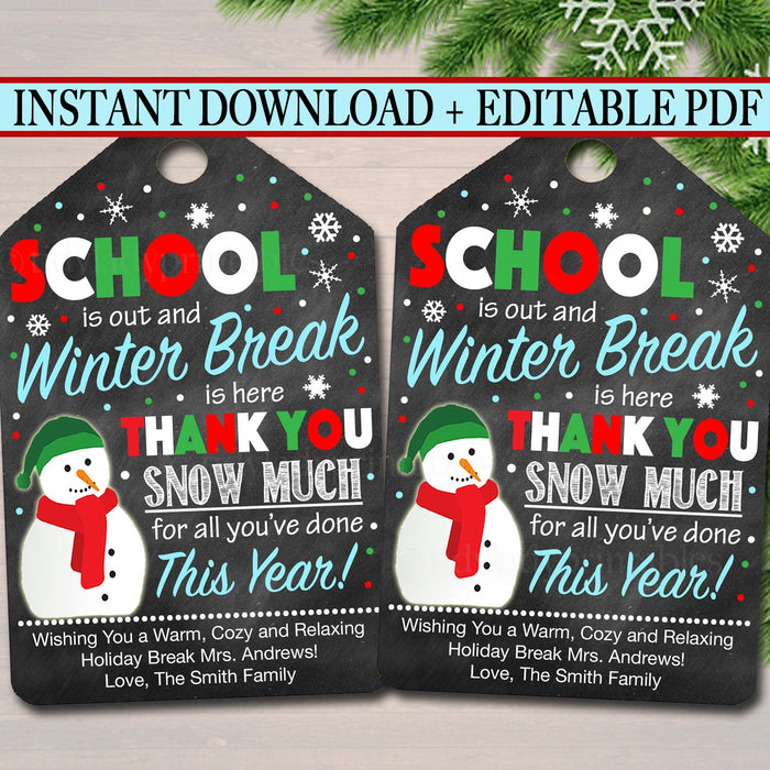 Christmas Gift Tags, School's Out Winter Break Thank You Snow Much,Teacher Staff Vounteer, Xmas School Pto Pta   PDF