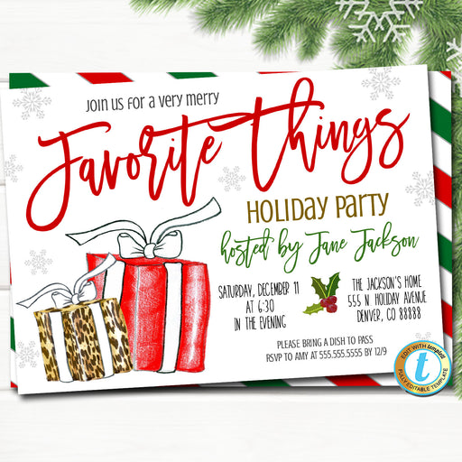 Favorite Things Christmas Party Invitation, Christmas Preppy Invite, Watercolor Gift Exchange Girls Holiday Party Editable Template Download