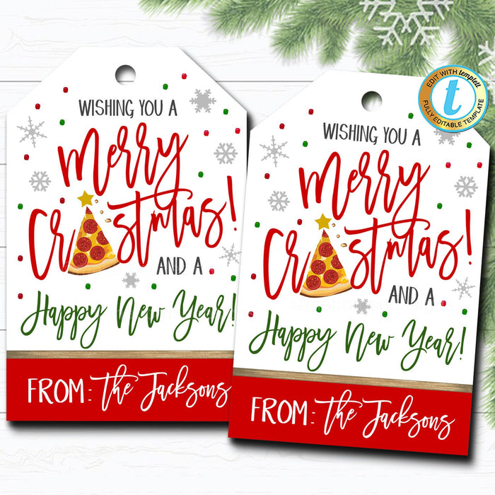 Christmas Pizza Gift Tags, Holiday Merry Crustmas Funny Gift Tag Label, Secret Santa Coworker Teacher Staff Xmas Tag, DIY  Template