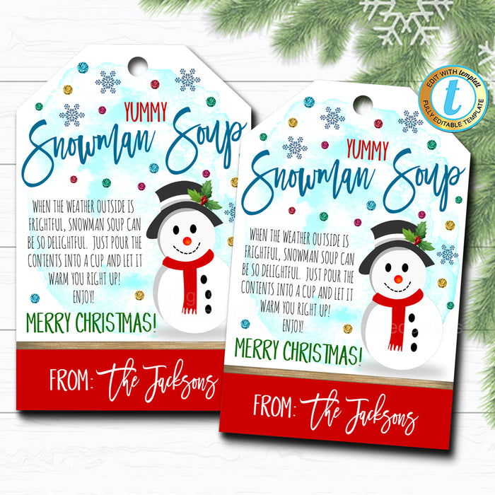 Christmas Gift Tags, Snowman Soup Hot Cocoa, Teacher Classroom Party, Kid's Holiday Gift Hang Tag, Xmas Treat Label, DIY  Template