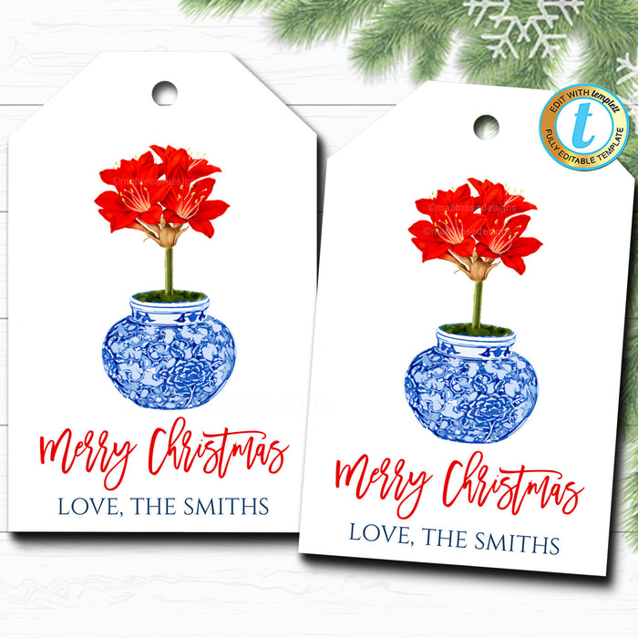 Christmas Ginger Jar Gift Tags, Red Amaryllis Xmas Flower, Preppy Holiday Southern Style, Chinoiserie Chic, DIY  Template, Download