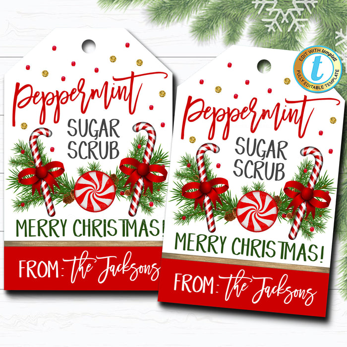Christmas Gift Tags, Peppermint Sugar Scrub Tag, Holiday Spa Pedicure Bath Tag, Holiday Teacher Staff Gift, Secret Santa,  Template