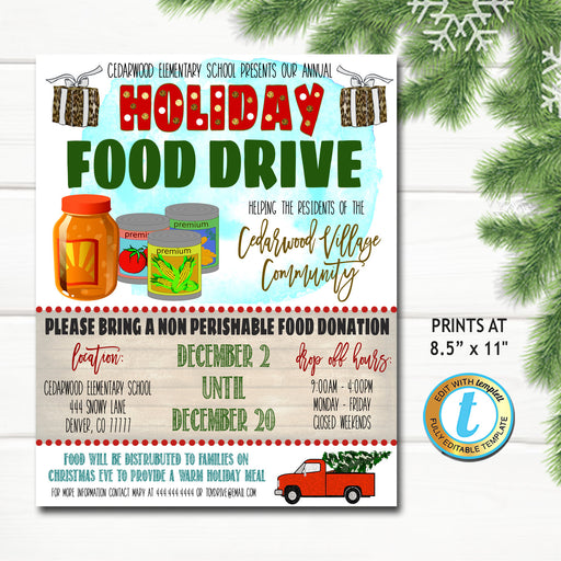 Holiday Food Drive Flyer, Christmas School Church Pto Pta, Holiday Nonprofit Charity Kids, Editable Template, Xmas Shopping DIY Self-Editing