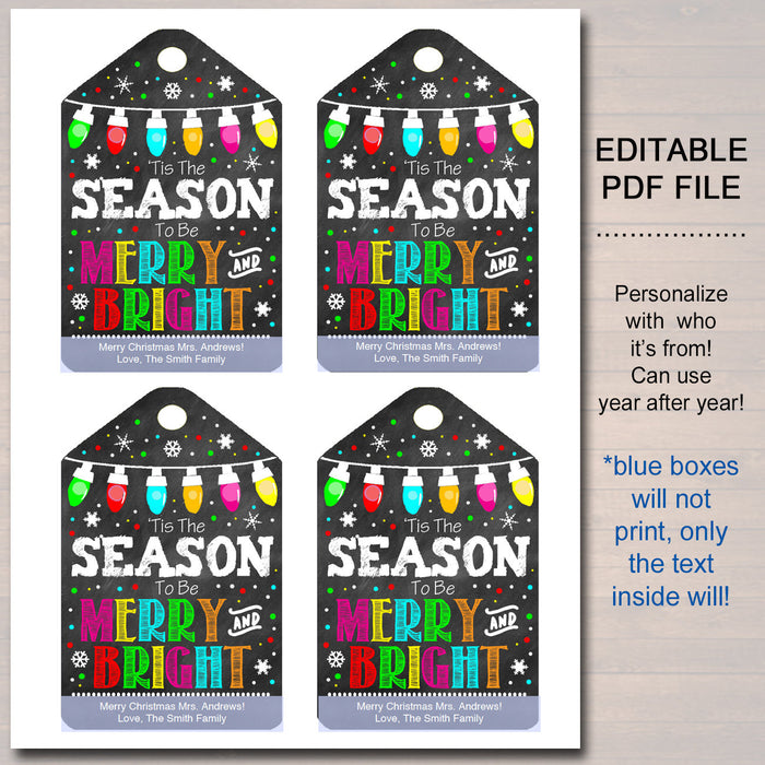 Christmas Gift Tags, Tis the Season to Be Merry and Bright Printable Teacher Staff Work Gift Tag, Christmas Lights Gift,