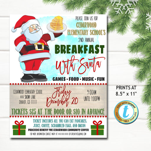 Breakfast with Santa Flyer, Christmas School Church Pto Pta, Holiday Kids Brunch Party, Editable Template, Xmas Fundraiser DIY Self-Editing
