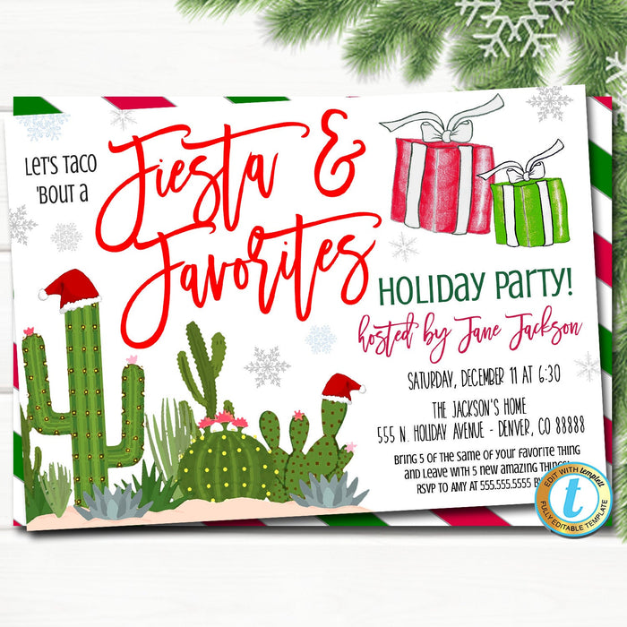 Favorite Things Christmas Party Invitation, Christmas Fiesta Invite, Holiday Gift Exchange Girls Teacher Party, Editable Template Download