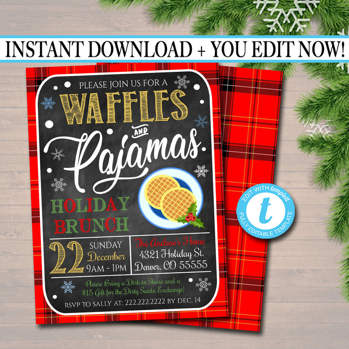 Christmas Waffles and Pajamas Invitation, Christmas Breakfast Party Invite, Holiday Brunch Party Digital Plaid Invitation, Editable Template