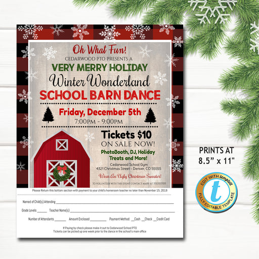 Winter Dance Flyer, Christmas School Dance, Church Pto Pta, Holiday Kids Rustic Plaid Barn Dance Party, Fundraiser DIY Self-Editing Template