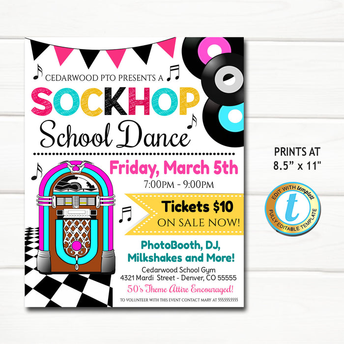 Sock Hop School Dance Flyer 50’s theme | TidyLady Printables