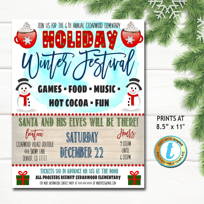 Holiday Festival Flyer, Christmas Market Fair Invitation, Christmas Boutique Shopping Event Xmas School Church Business, Editable Template