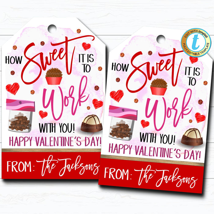 Valentines Coworker Gift Tags, How Sweet it is To Work With You, Valentine Candy Chocolate Cookie Treat Gift Label, DIY  Template