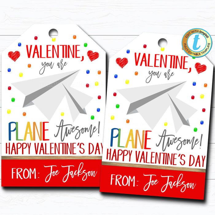 Valentine Paper Airplane Gift Tags, You Are Plane Awesome Valentine Tag, Gift Classroom School Teacher Staff Valentine DIY  Template