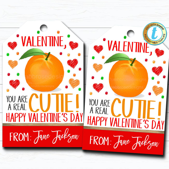 Valentine Cutie Gift Tags, You're a Cutie, Orange Fruit Valentine Tag, Gift Classroom School Teacher Staff Valentine DIY  Template
