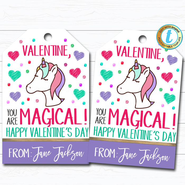 Valentine Unicorn Tags, You are Magical, Girl Friend Valentine Tag, Gift Kid Classroom School Teacher Staff Valentine, DIY  Template