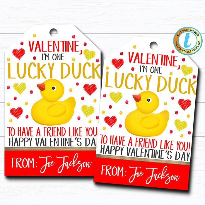 Valentine Lucky Duck Tags, Rubber Ducky, Kid Friend Valentine Tag, Elementary Classroom School Teacher Staff Valentine DIY  Template