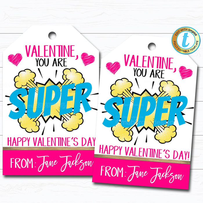 Superhero Valentines Tag, Girl Valentine Card Gift Classroom Party School, You Are Super Teacher Staff, DIY Printable  Template