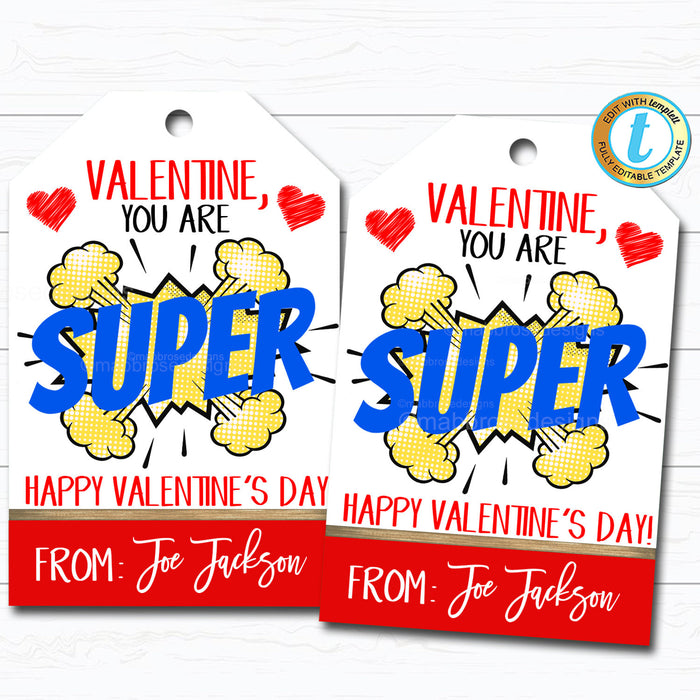 Superhero Valentines Tag, Boy Valentine Card Gift Classroom Party School, You Are Super Teacher Staff, DIY Printable  Template