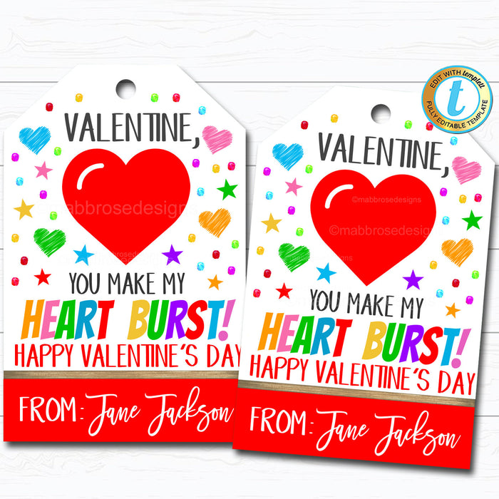 Valentine Gift Tags, You Make My Heart Burst Candy Valentine Star Tag, Gift Classroom School Teacher Staff Valentine DIY  Template