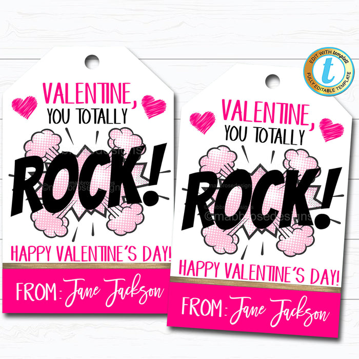 Valentine You Rock Gift Tags, Girl Friend Valentine, Classroom Rock Candy Tag, Music School Teacher Staff Valentine, DIY  Template