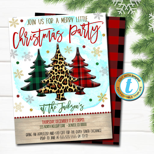 Christmas Tree Party Invitation, Leopard and Buffalo Plaid Rustic Farmhouse Invite Holiday Housewarming Cocktail Party DIY Editable Template