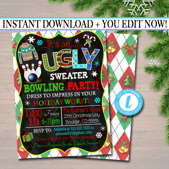 Holiday Bowling Party Invitation, Christmas Ugly Sweater Party Invitation, DIY Digital Invite, Xmas Company Party Invite, EDITABLE TEMPLATE
