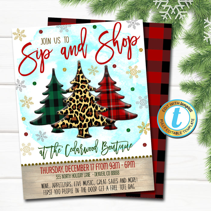 Christmas Shopping Invitation, Leopard and Buffalo Plaid Rustic Farmhouse Invite Holiday Sip and Shop Cocktail Party DIY  Template