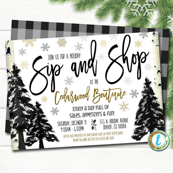 Holiday Sip and Shop Invitation, Christmas Boutique Shopping Event, Small Business Open House  Template, DIY Self-Editing Download
