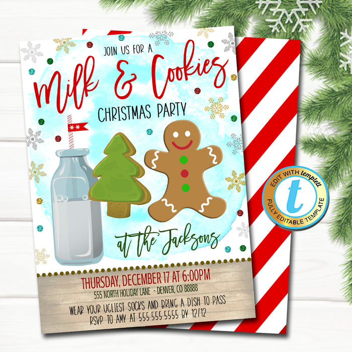 Milk and Cookies Christmas Party Invitation, Kids Gingerbread Birthday Invite Holiday Cookie Exchange Decorating Party DIY  Template