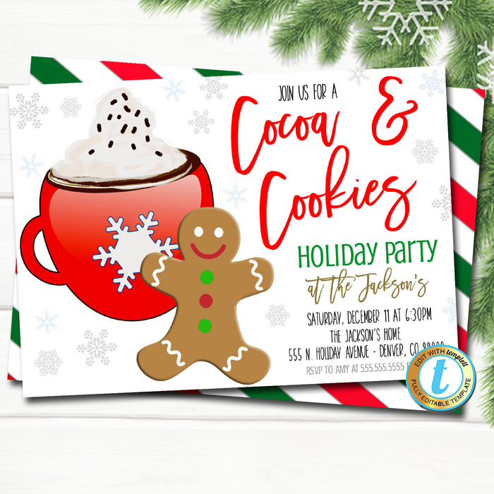 Cocoa and Cookies Christmas Party Invitation, Kids Gingerbread Birthday Preppy Invite, Holiday Cookie Exchange Party, DIY  Template
