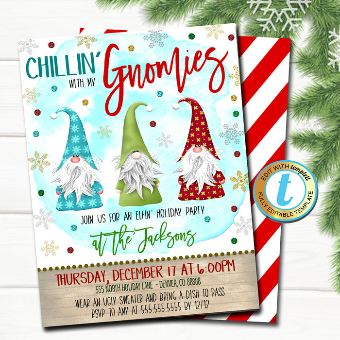 Christmas Party Invitation, Chillin with my Gnomies, Modern Christmas Invite, Xmas Elf Gift Exchange Holiday, DIY  Template Download