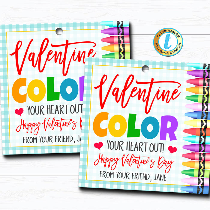 Valentine Crayon Gift Tags, Color Your Heart Out Non Candy Valentine Tag, Classroom School Teacher Staff, Valentine DIY  Template