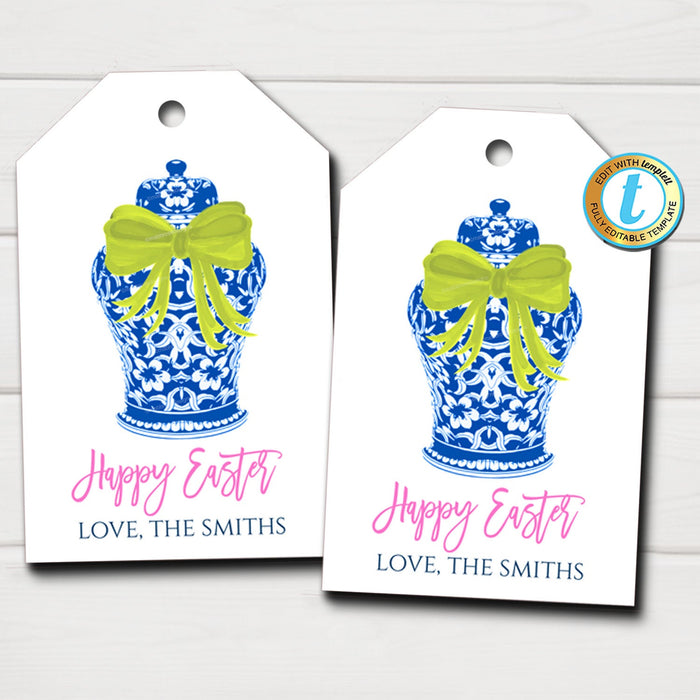 Blue Ginger Jar Gift Tags, Spring Easter Gift Label, Preppy Southern Style Card, Chinoiserie Chic Wrapping, DIY  Template Download