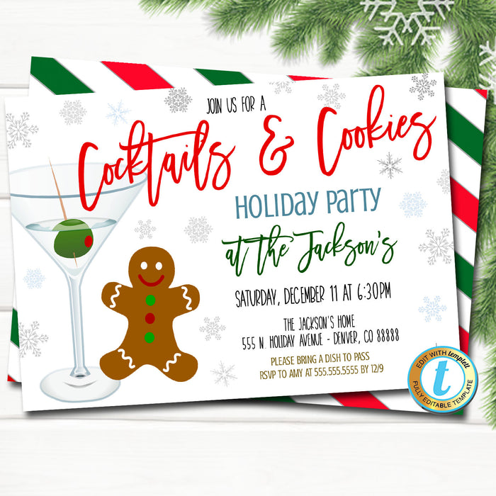 Cookies and Cocktails Christmas Party Invitation, Adult Cocktail Party Holiday Invite,  Cookie Swap Exchange Party, DIY  Template