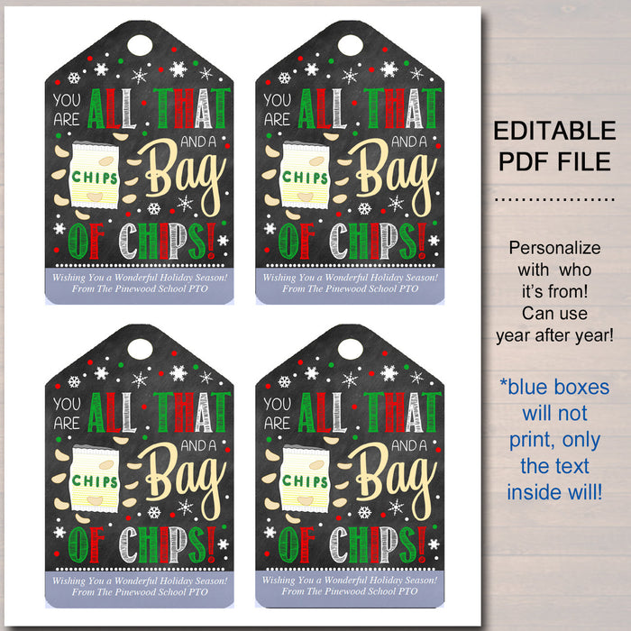 Christmas Chip Tags, Thank You Labels, Printable, INSTANT + EDITABLE, Holiday Appreciation Gift Favor, PTA Pto Teacher Staff Nurse Employee