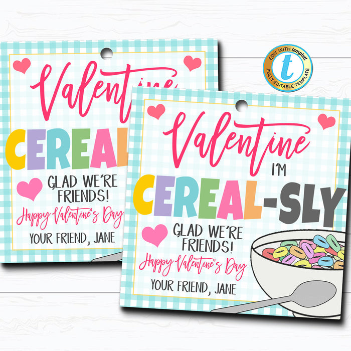 Valentine Cereal Gift Tags, Cereal-sly Glad We're Friends Breakfast Valentine,Classroom School Teacher Staff Valentine DIY  Template