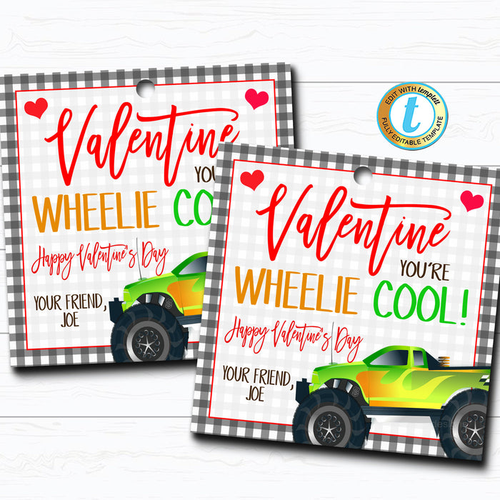 Monster Truck Valentines, Boy Truck Valentine Card Gift Classroom Party School, Teacher Staff Valentine Tag, DIY Printable  Template