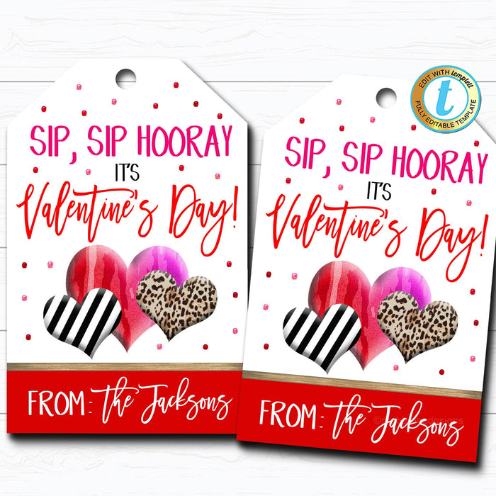 Valentine Gift Tags, Sip Sip Hooray, Crazy Straw Wine Juice Valentine Tag, Classroom School Teacher Kids Valentine, DIY  Template