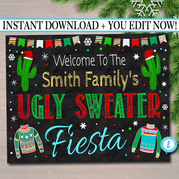 Christmas Ugly Sweater Fiesta Welcome Sign, Margarita and Mistletoe Holiday Party Invite Adult Taco Bout a Xmas Party Feliz Navidad EDITABLE