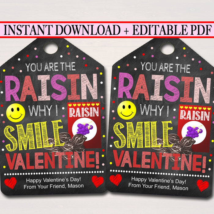 Valentine's Day Raisin Gift Tags - YOU'RE THE RAISIN I SMILE! Printable