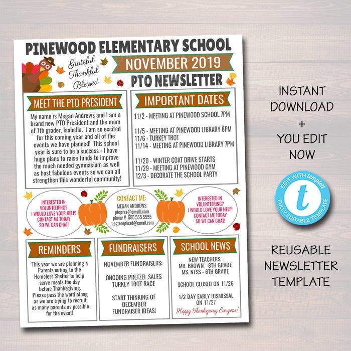 November PTO PTA Newsletter Flyer, Holiday Printable Handout, School Year Calendar, Meeting Agenda Seasonal Fall Organizer EDITABLE Template