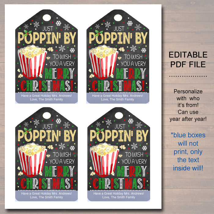 Christmas Popcorn Gift Tags, Secret Santa Office Staff Teacher Gift, Popcorn Tin Holiday Printable, White Elephant