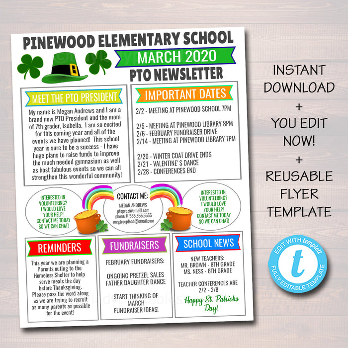 March PTO PTA Newsletter Flyer - St. Patricks Day Printable Handout
