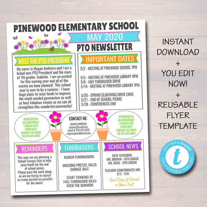 May PTO PTA Newsletter Flyer - Classroom Printable Handout Template