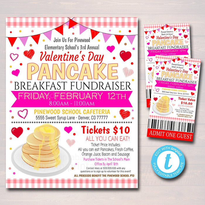 Valentines Day Pancake Breakfast Fundraiser Flyer and Ticket Set