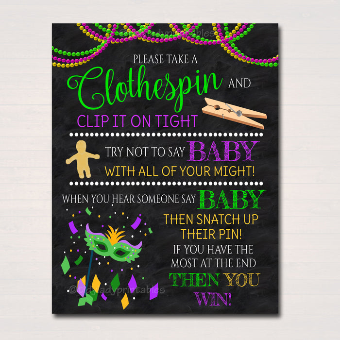 Mardi Gras Clothespin Game - Don't Say Baby Shower Sprinkle Gender Reveal Party Game